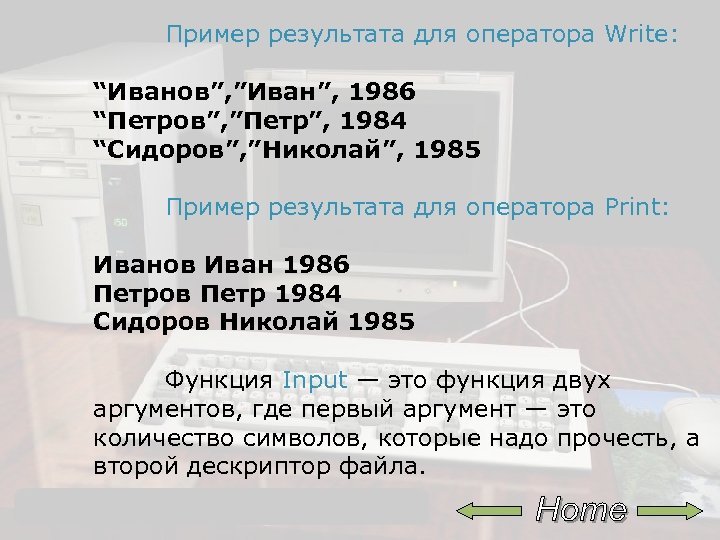 Пример результата для оператора Write: “Иванов”, ”Иван”, 1986 “Петров”, ”Петр”, 1984 “Сидоров”, ”Николай”, 1985