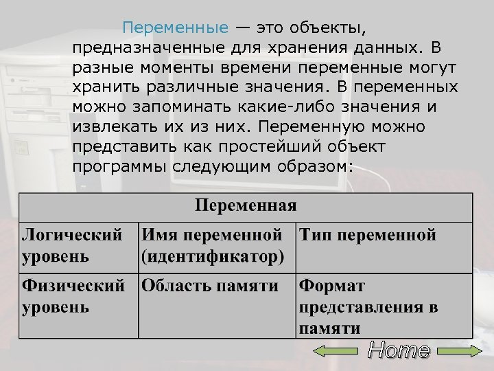 Переменные — это объекты, предназначенные для хранения данных. В разные моменты времени переменные могут