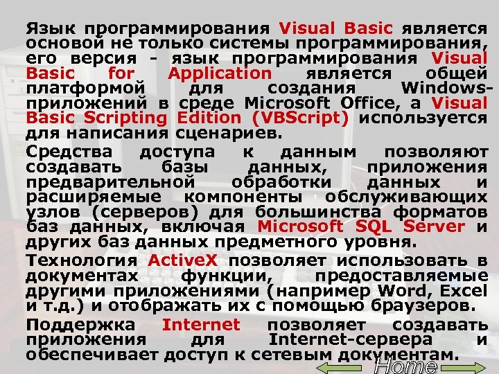 Язык программирования Visual Basic является основой не только системы программирования, его версия - язык