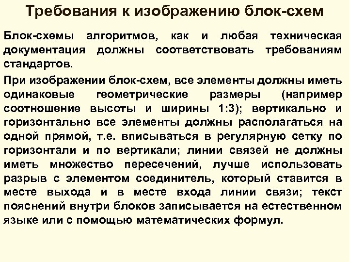 Требования к изображению блок-схем Блок-схемы алгоритмов, как и любая техническая документация должны соответствовать требованиям