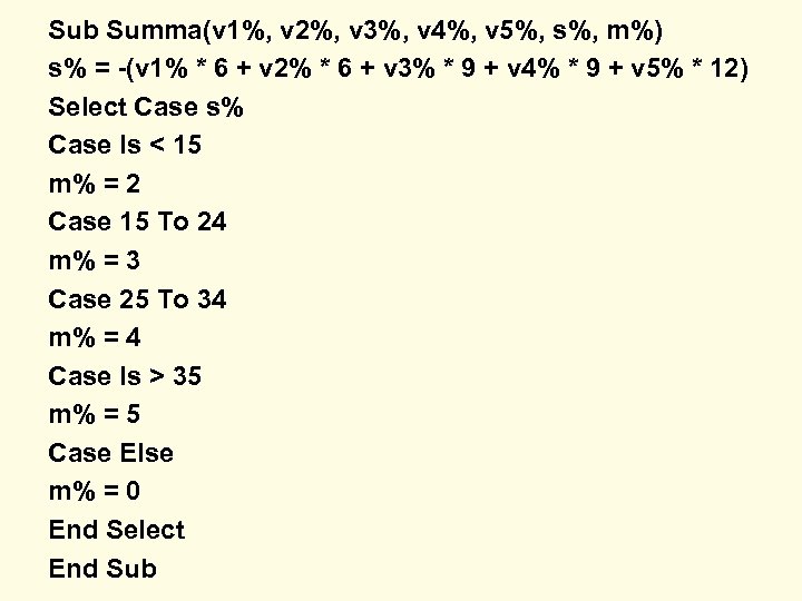 Sub Summa(v 1%, v 2%, v 3%, v 4%, v 5%, s%, m%) s%