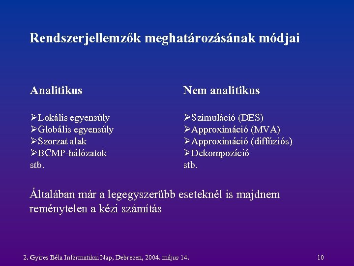 Rendszerjellemzők meghatározásának módjai Analitikus Nem analitikus ØLokális egyensúly ØGlobális egyensúly ØSzorzat alak ØBCMP-hálózatok stb.