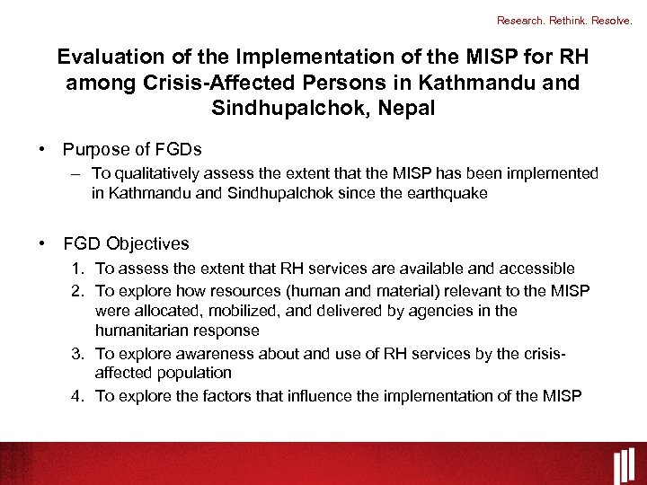 Research. Rethink. Resolve. Evaluation of the Implementation of the MISP for RH among Crisis-Affected