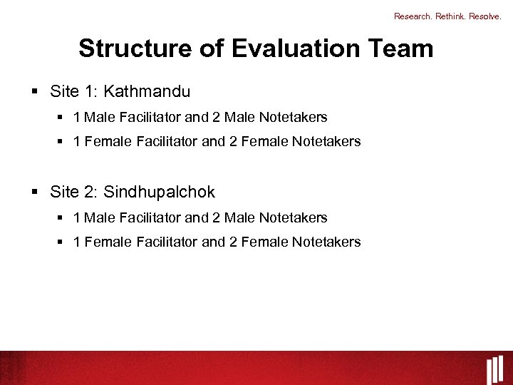 Research. Rethink. Resolve. Structure of Evaluation Team § Site 1: Kathmandu § 1 Male