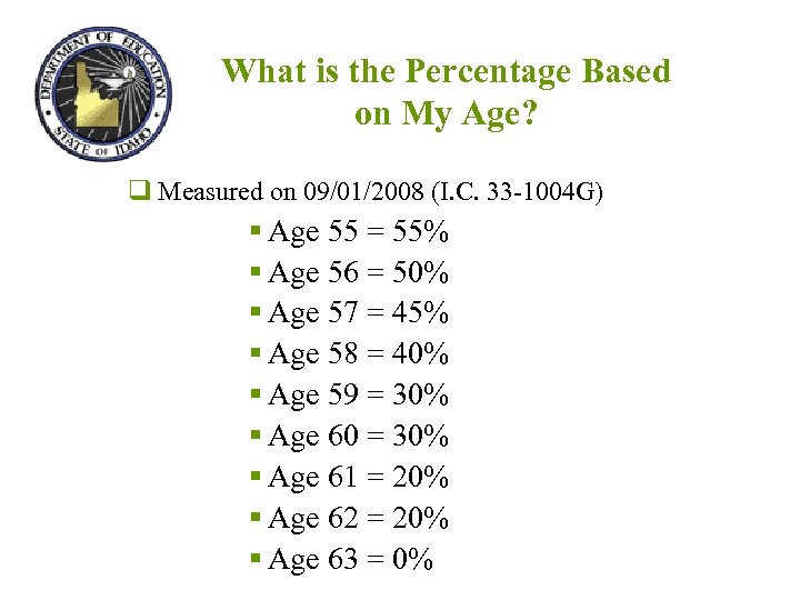 What is the Percentage Based on My Age? q Measured on 09/01/2008 (I. C.