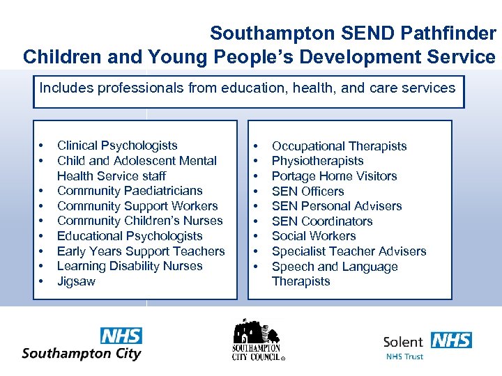 Southampton SEND Pathfinder Children and Young People’s Development Service Includes professionals from education, health,