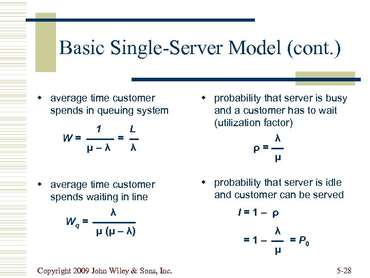 Basic Single-Server Model (cont. ) w average time customer spends in queuing system W=