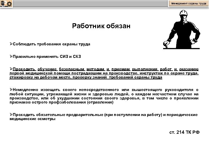 Менеджмент охраны труда Работник обязан ØСоблюдать требования охраны труда ØПравильно применять СИЗ и СКЗ