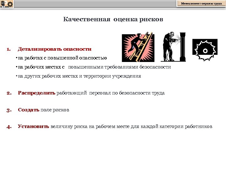Менеджмент охраны труда Качественная оценка рисков 1. Детализировать опасности • на работах с повышенной