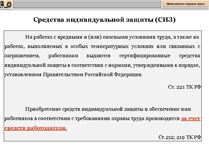 Менеджмент охраны труда Средства индивидуальной защиты (СИЗ) На работах с вредными и (или) опасными