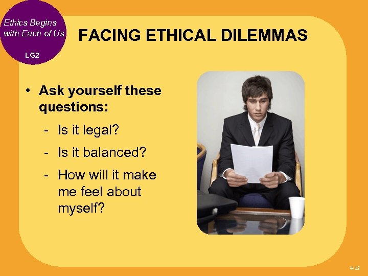 Ethics Begins with Each of Us FACING ETHICAL DILEMMAS LG 2 • Ask yourself