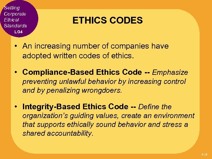 Setting Corporate Ethical Standards ETHICS CODES LG 4 • An increasing number of companies