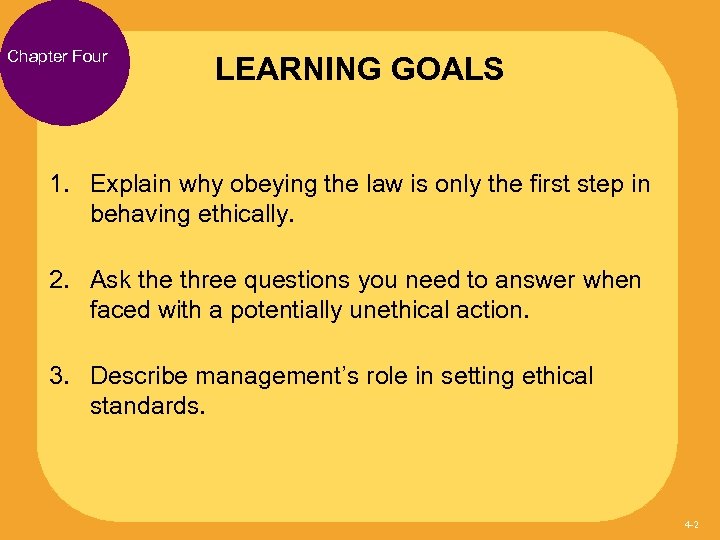 Chapter Four LEARNING GOALS 1. Explain why obeying the law is only the first