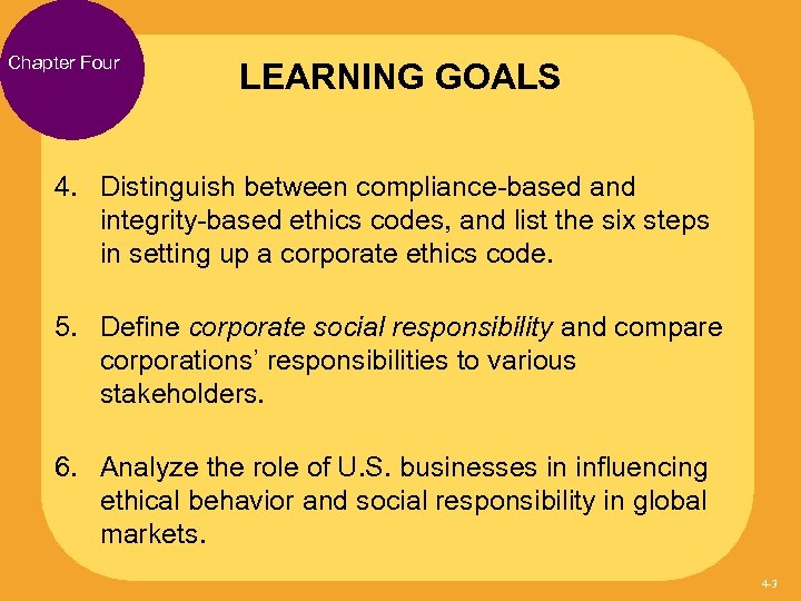 Chapter Four LEARNING GOALS 4. Distinguish between compliance-based and integrity-based ethics codes, and list