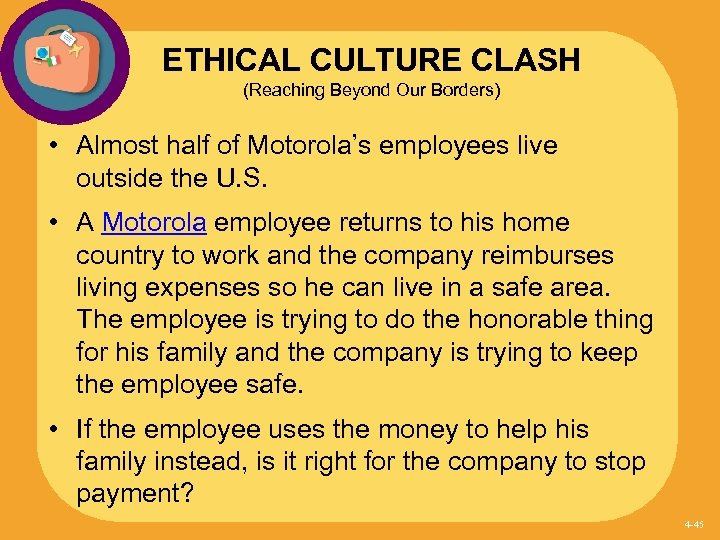 ETHICAL CULTURE CLASH (Reaching Beyond Our Borders) • Almost half of Motorola’s employees live