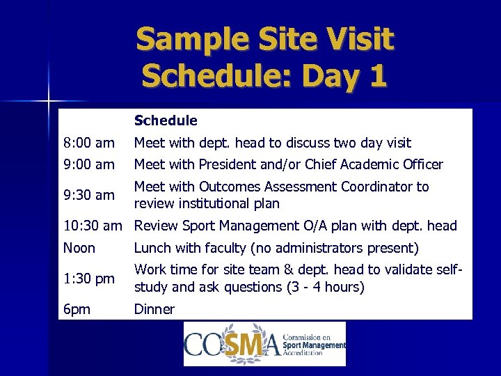 Sample Site Visit Schedule: Day 1 Schedule 8: 00 am Meet with dept. head