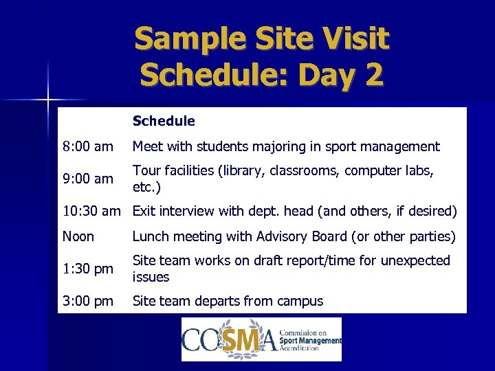 Sample Site Visit Schedule: Day 2 Schedule 8: 00 am Meet with students majoring