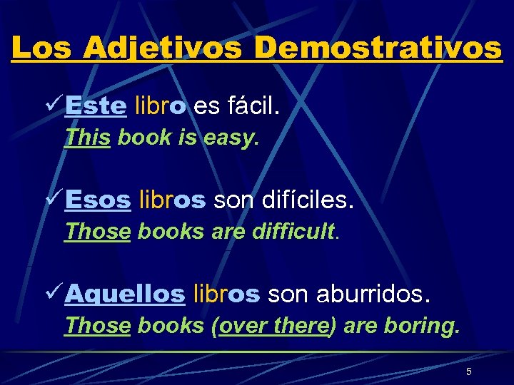 Los Adjetivos Demostrativos üEste libro es fácil. This book is easy. üEsos libros son