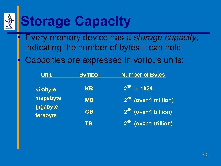 Storage Capacity § Every memory device has a storage capacity, indicating the number of