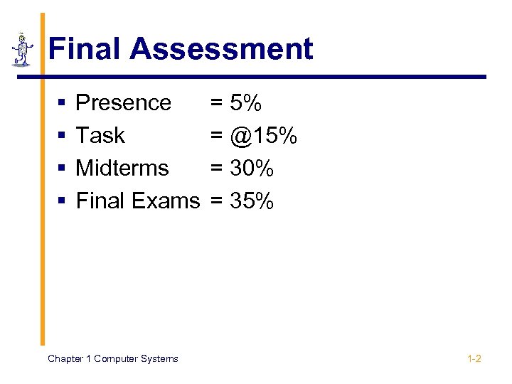 Final Assessment § § Presence Task Midterms Final Exams Chapter 1 Computer Systems =