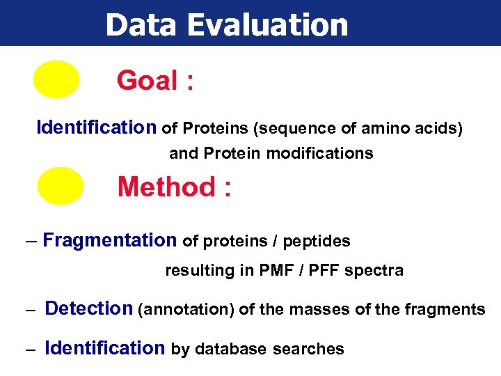 Data Evaluation Goal : Identification of Proteins (sequence of amino acids) and Protein modifications