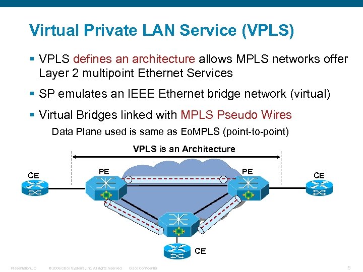 Virtual Private LAN Service (VPLS) § VPLS defines an architecture allows MPLS networks offer