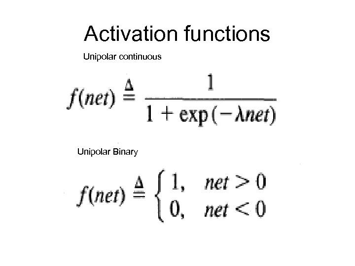 Activation functions Unipolar continuous Unipolar Binary 