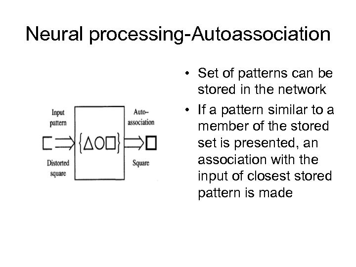 Neural processing-Autoassociation • Set of patterns can be stored in the network • If