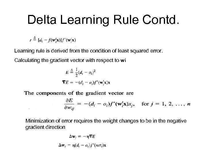 Delta Learning Rule Contd. Learning rule is derived from the condition of least squared