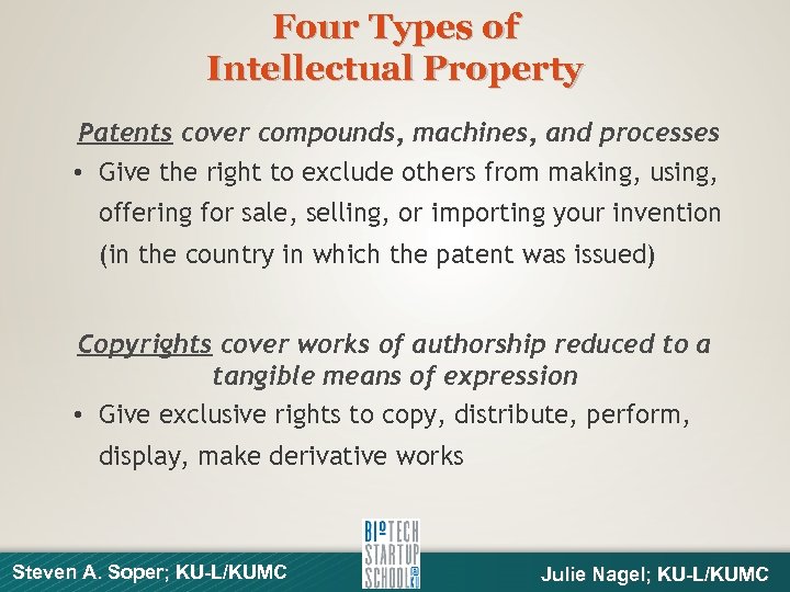 Four Types of Intellectual Property Patents cover compounds, machines, and processes • Give the