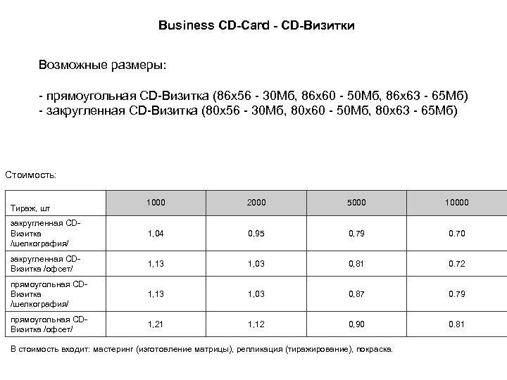 Business СD-Card - CD-Визитки Возможные размеры: - прямоугольная CD-Визитка (86 х56 - 30 Мб,