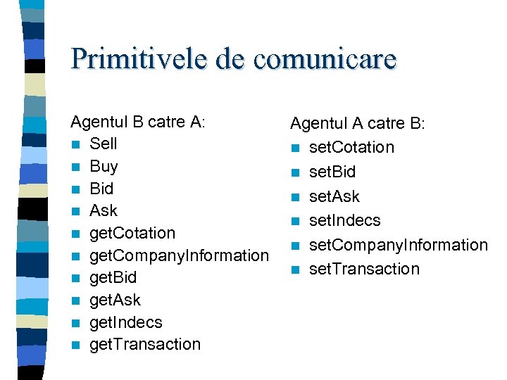 Primitivele de comunicare Agentul B catre A: n Sell n Buy n Bid n