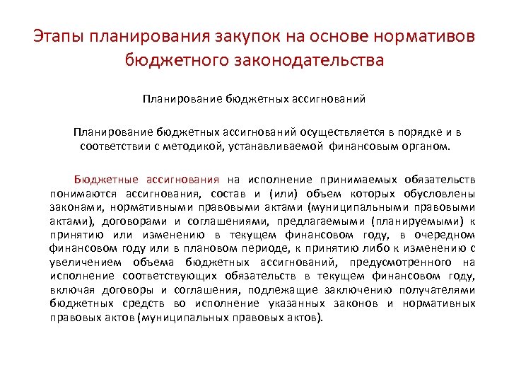 Этапы планирования закупок на основе нормативов бюджетного законодательства Планирование бюджетных ассигнований осуществляется в порядке