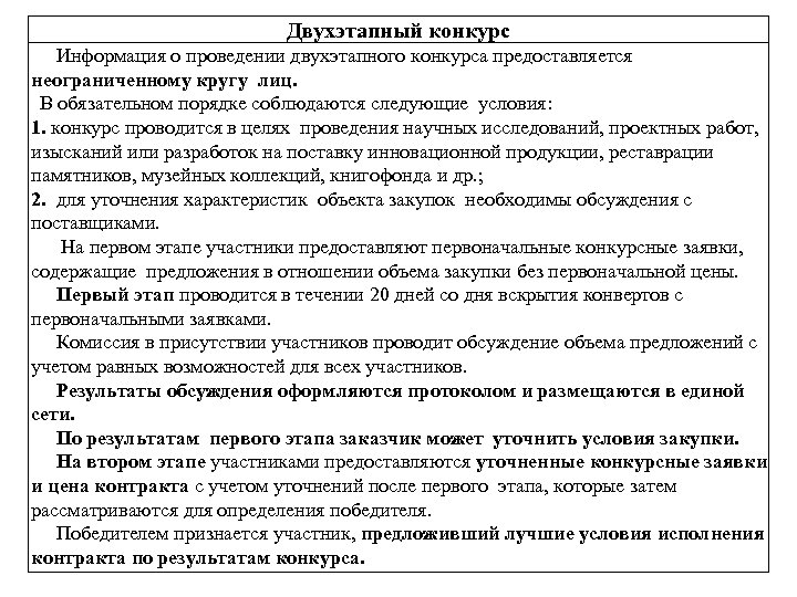 Двухэтапный конкурс Информация о проведении двухэтапного конкурса предоставляется неограниченному кругу лиц. В обязательном порядке