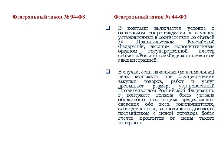 Федеральный закон № 94 -ФЗ Федеральный закон № 44 -ФЗ q В контракт включается