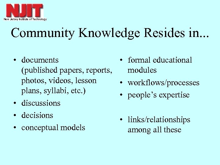 Community Knowledge Resides in. . . • documents (published papers, reports, photos, videos, lesson