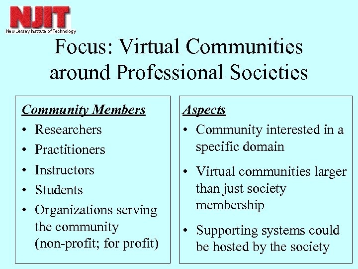 Focus: Virtual Communities around Professional Societies Community Members • Researchers • Practitioners • Instructors