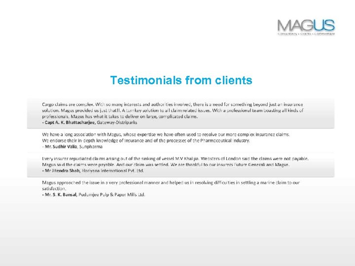 Testimonials from clients 