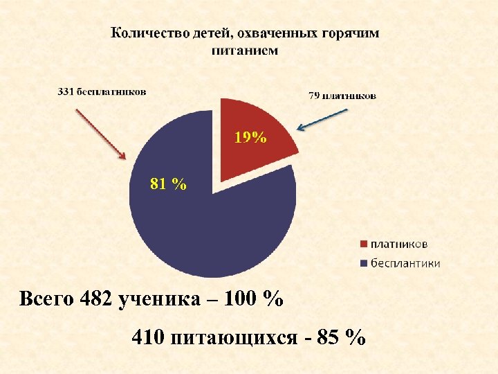 81 % Всего 482 ученика – 100 % 410 питающихся - 85 % 