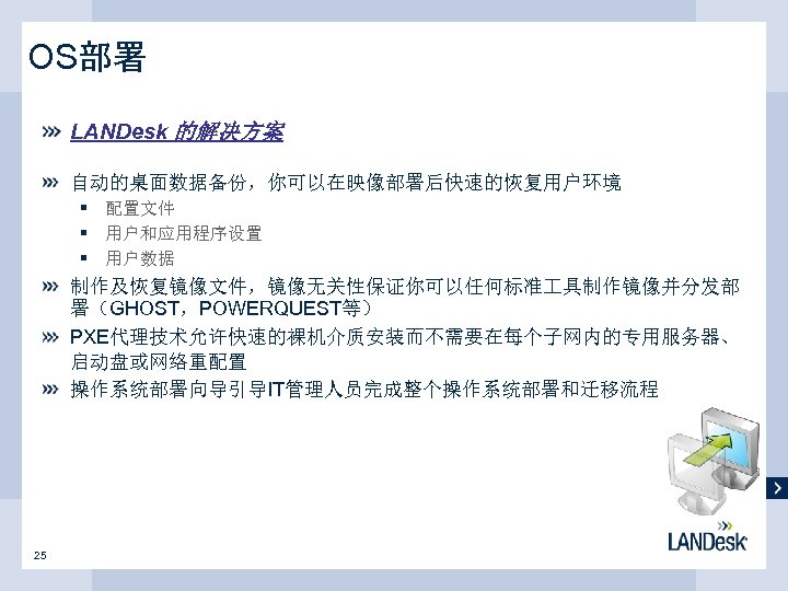 OS部署 LANDesk 的解决方案 自动的桌面数据备份，你可以在映像部署后快速的恢复用户环境 § 配置文件 § 用户和应用程序设置 § 用户数据 制作及恢复镜像文件，镜像无关性保证你可以任何标准 具制作镜像并分发部 署（GHOST，POWERQUEST等） PXE代理技术允许快速的裸机介质安装而不需要在每个子网内的专用服务器、