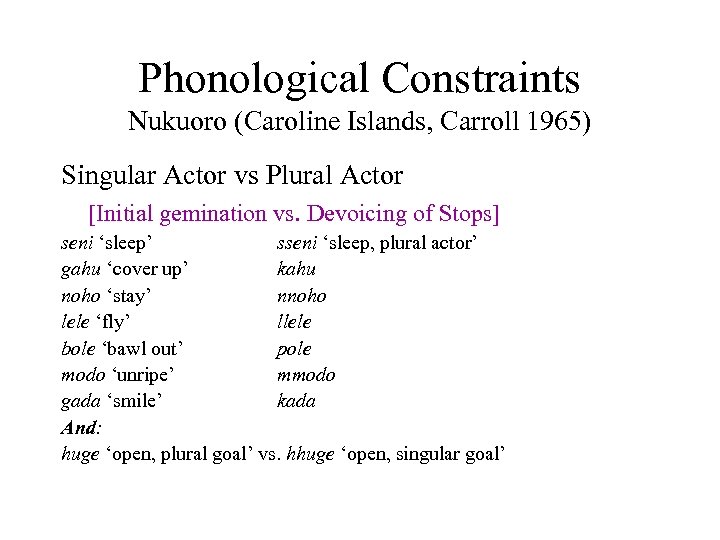 Phonological Constraints Nukuoro (Caroline Islands, Carroll 1965) Singular Actor vs Plural Actor [Initial gemination