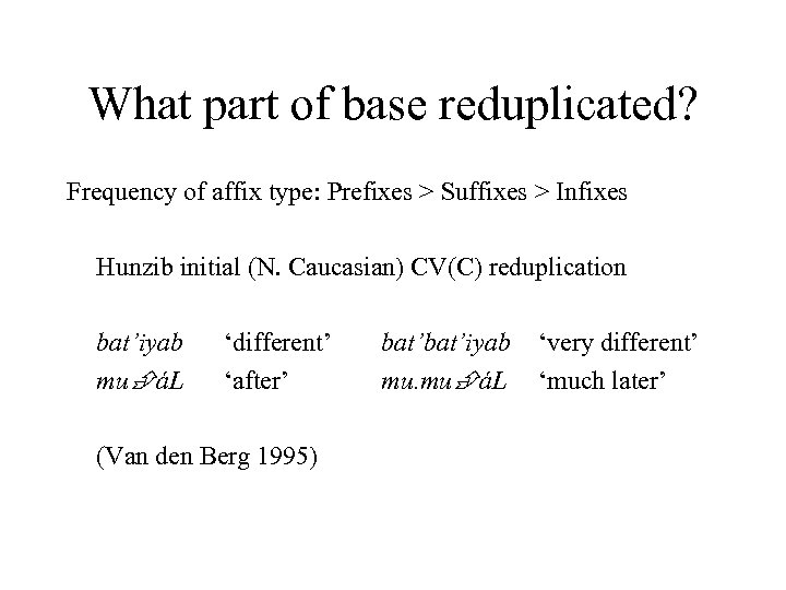 What part of base reduplicated? Frequency of affix type: Prefixes > Suffixes > Infixes