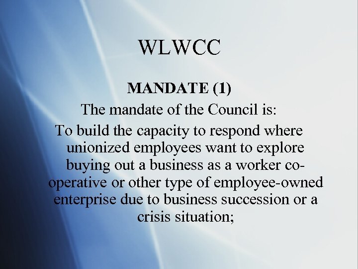 WLWCC MANDATE (1) The mandate of the Council is: To build the capacity to