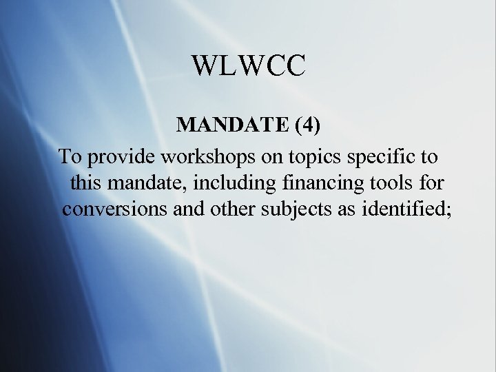 WLWCC MANDATE (4) To provide workshops on topics specific to this mandate, including financing