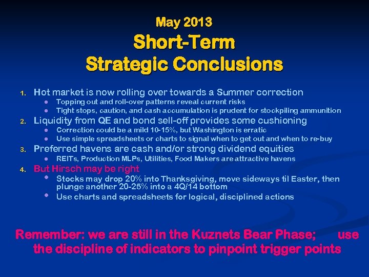 May 2013 Short-Term Strategic Conclusions 1. Hot market is now rolling over towards a