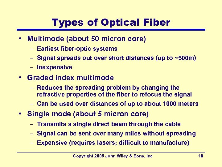 Types of Optical Fiber • Multimode (about 50 micron core) – Earliest fiber-optic systems