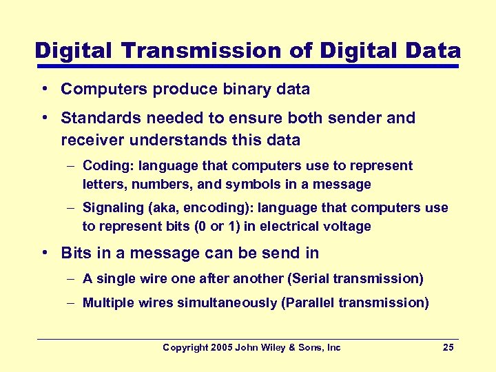 Digital Transmission of Digital Data • Computers produce binary data • Standards needed to