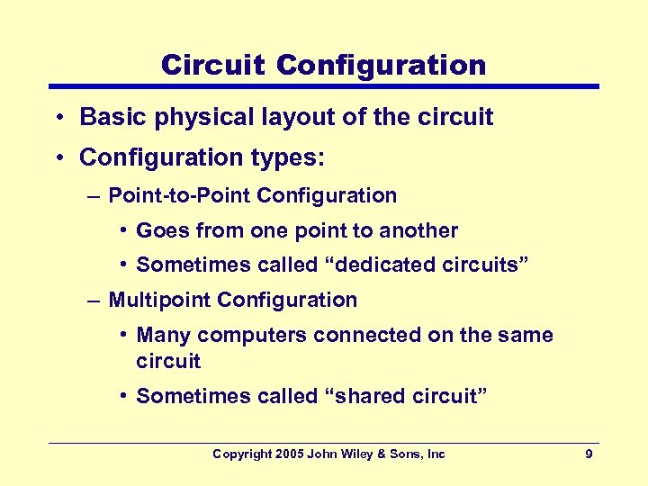 Circuit Configuration • Basic physical layout of the circuit • Configuration types: – Point-to-Point