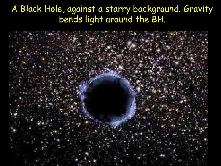 A Black Hole, against a starry background. Gravity bends light around the BH. 