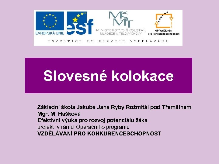 Slovesné kolokace Základní škola Jakuba Jana Ryby Rožmitál pod Třemšínem Mgr. M. Hašková Efektivní